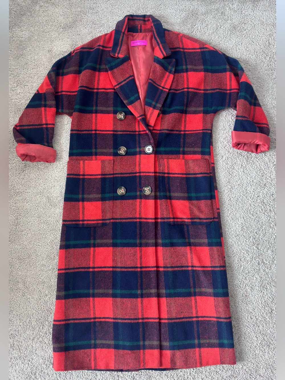 House of CB Red and Navy Plaid Double-Breasted Trench Coat